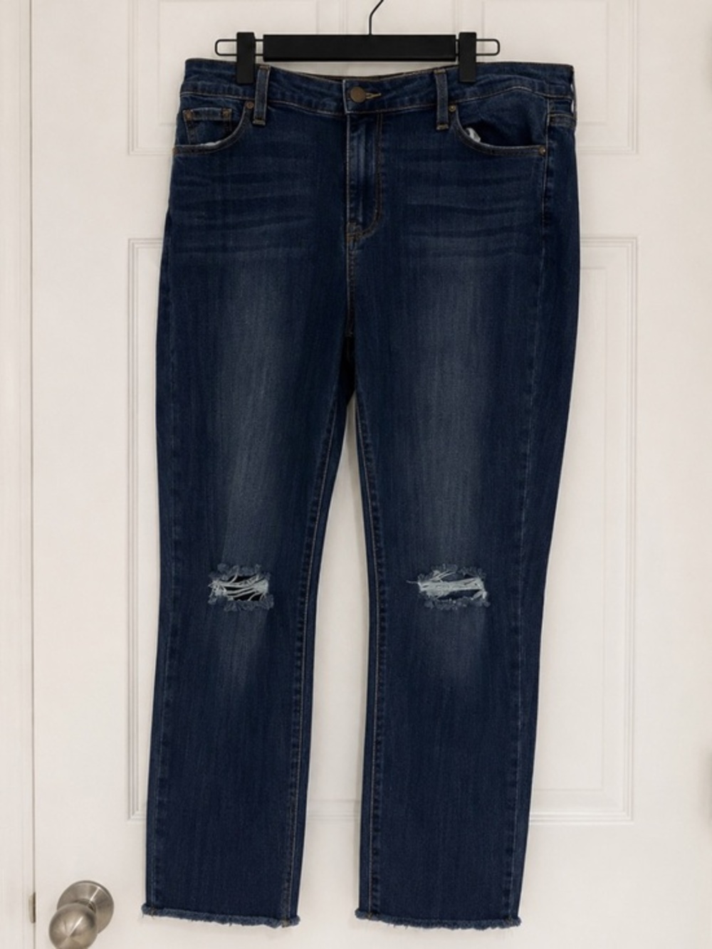 PAIGE Skyline cropped Dark Blue Straight Leg Jeans with Knee Distressing size 32